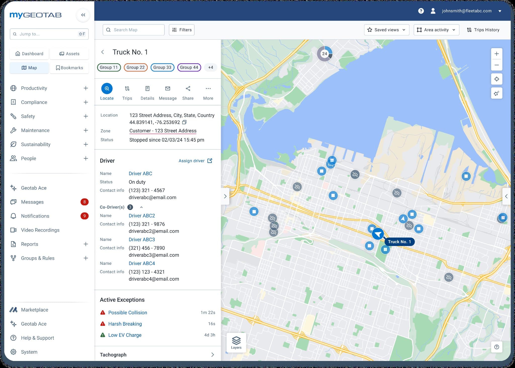 MyGeotab map interface showing fleet activity