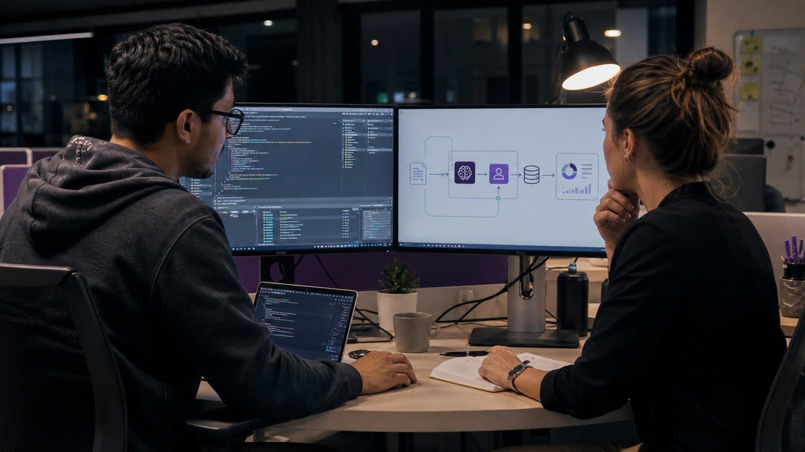 A software engineer and operations lead reviewing code and an AI-assisted automation workflow